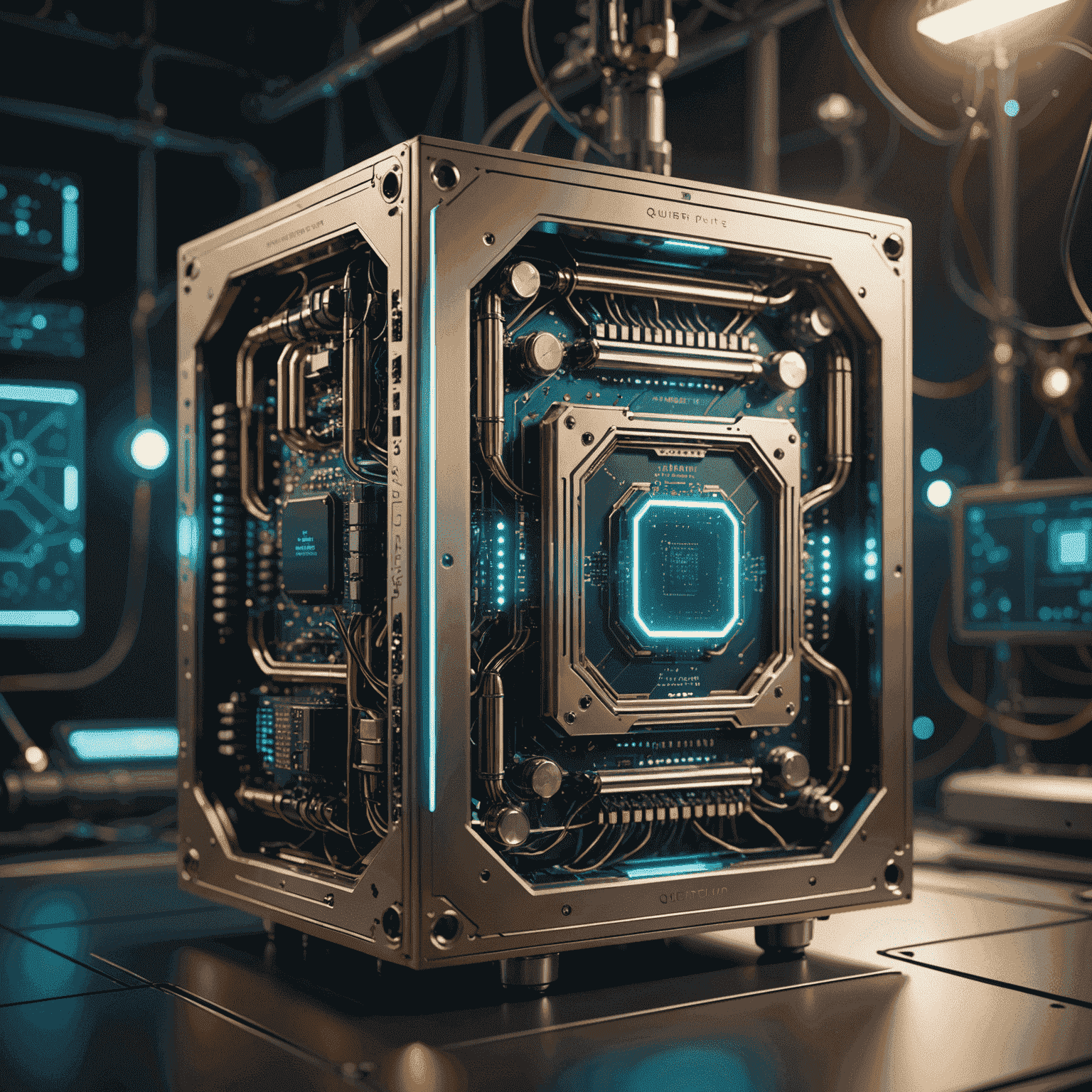 A futuristic quantum computer with glowing qubits and intricate circuitry, symbolizing the latest breakthrough in quantum computing and qubetics
