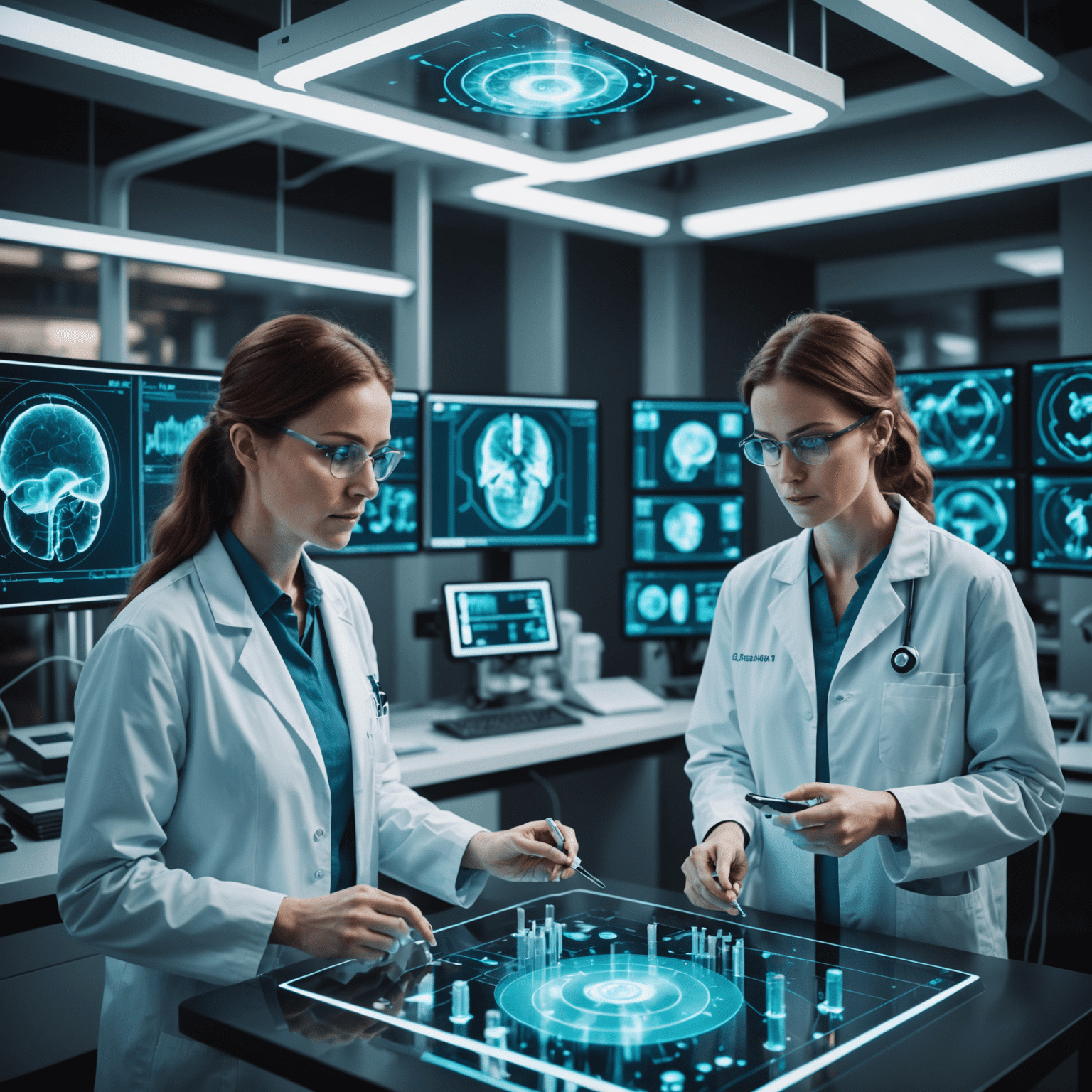A futuristic medical lab with qubetics devices being used for diagnostics. Doctors and researchers are shown interacting with holographic displays showing complex medical data and 3D organ models.