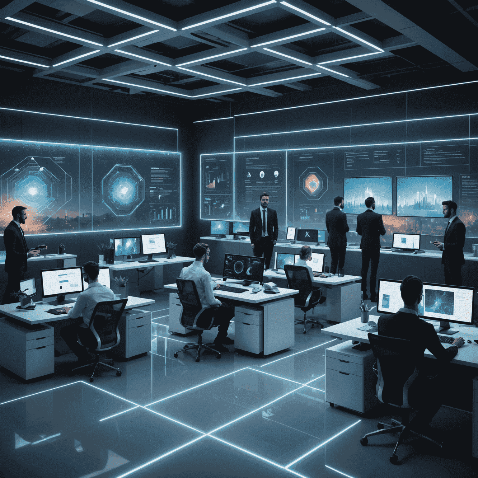 A futuristic office space with holographic displays showing qubetics data and young professionals working on advanced computers