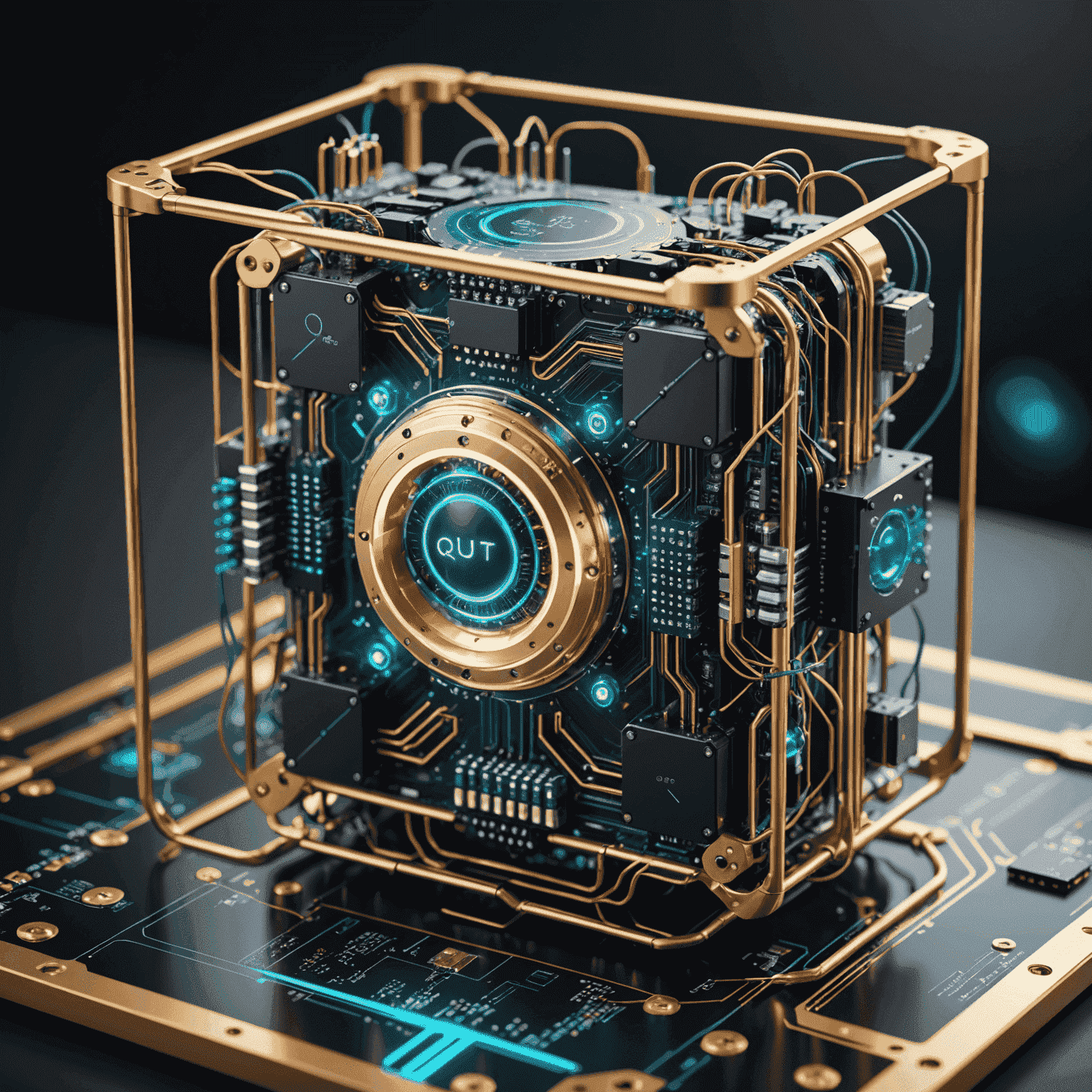 A futuristic representation of quantum computing with interconnected qubits and complex circuitry, symbolizing advanced consulting services