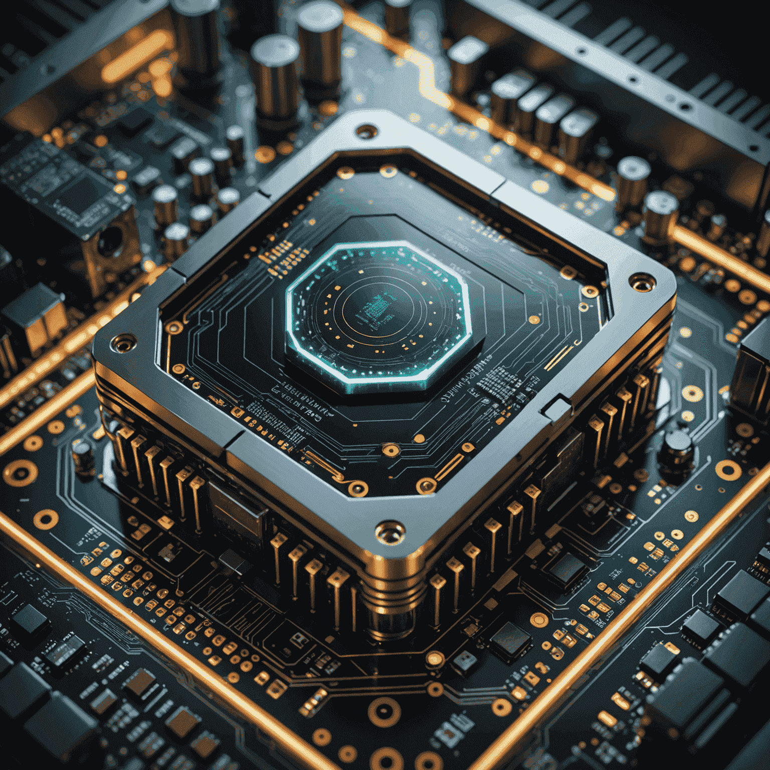 A futuristic quantum computer with glowing circuits and qubits, symbolizing advanced quantum computing technology