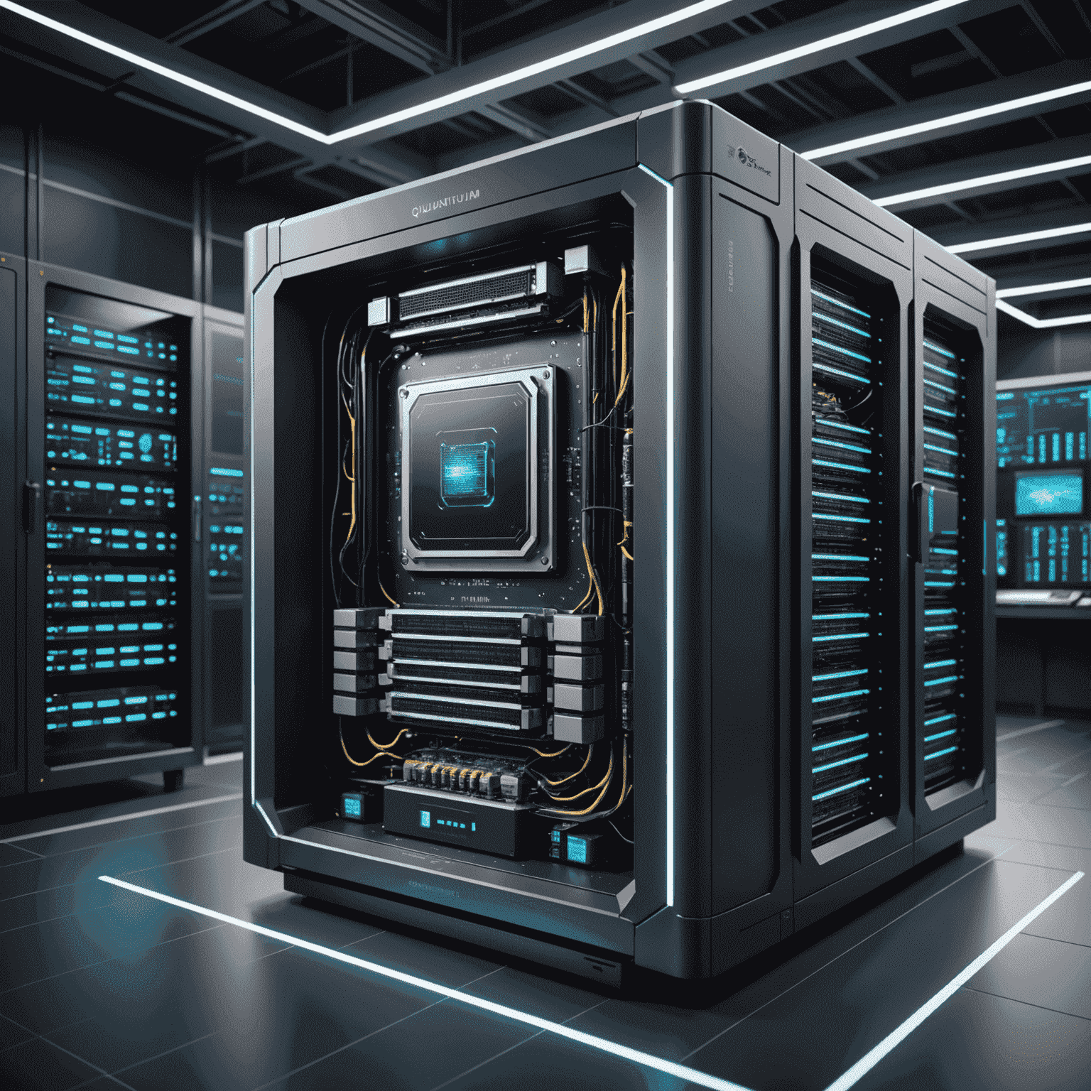 A futuristic quantum computer being integrated with classical computing infrastructure. The image shows a sleek, modern quantum processor connected to traditional servers, symbolizing the seamless integration of quantum and classical systems.