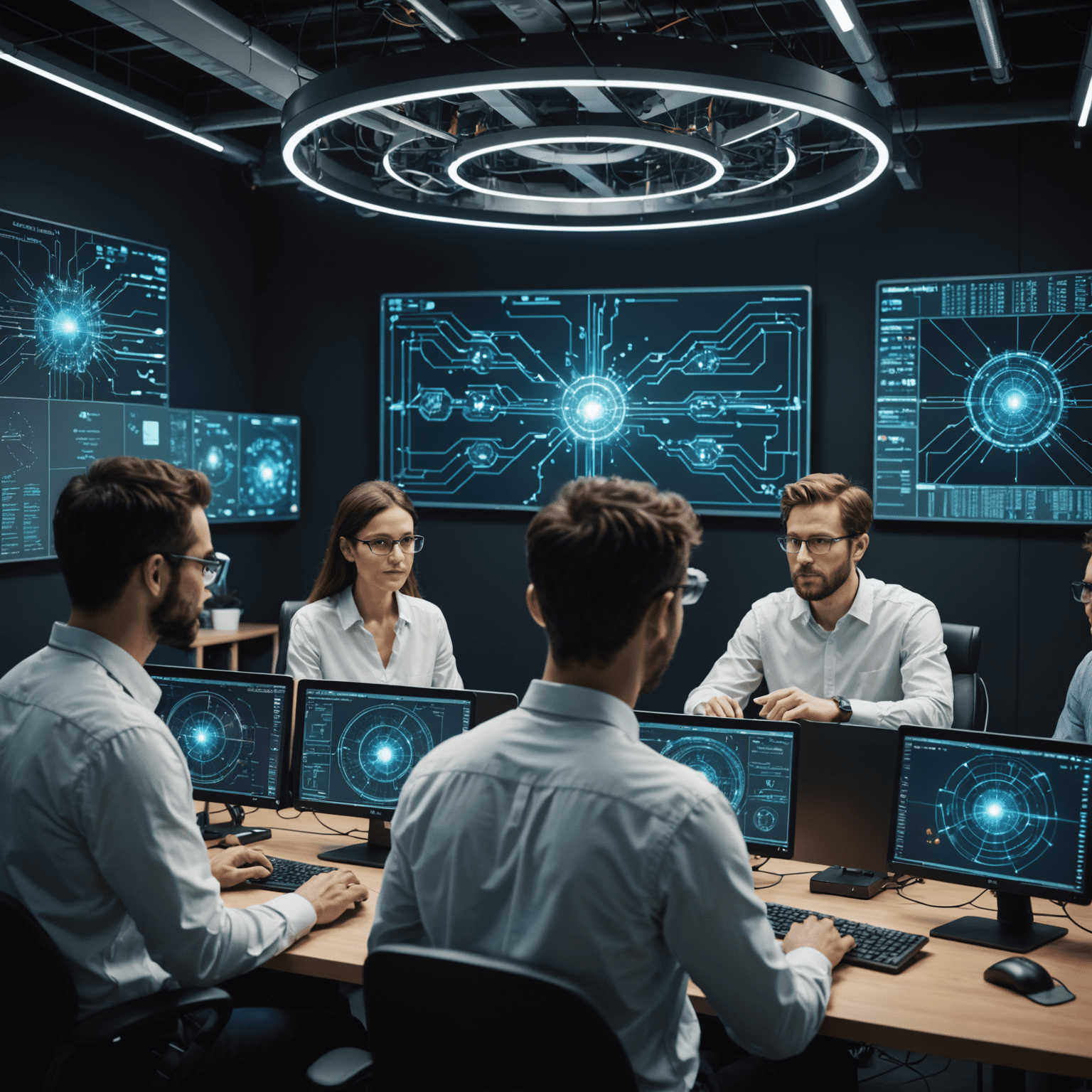 A group of diverse developers working on quantum software, using advanced computer systems with holographic displays showing complex quantum circuits and algorithms