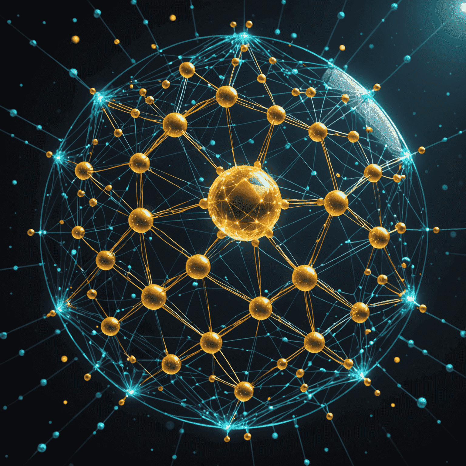Visualization of quantum encryption process: A complex network of interconnected nodes with data streams flowing through, protected by an intricate quantum shield