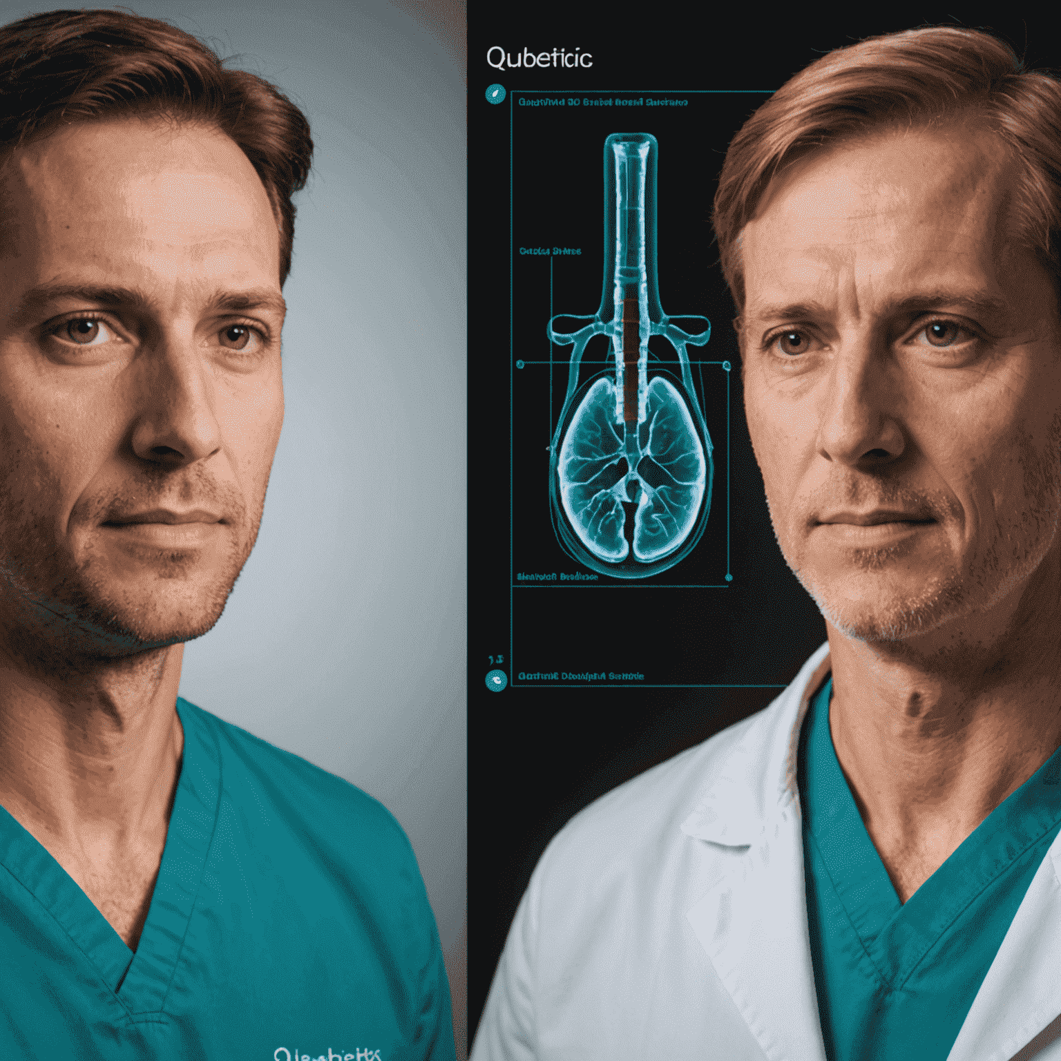 A split-screen image showing a traditional medical scan on one side and a qubetics-enhanced scan on the other, highlighting the improved detail and anomaly detection capabilities of qubetics technology.