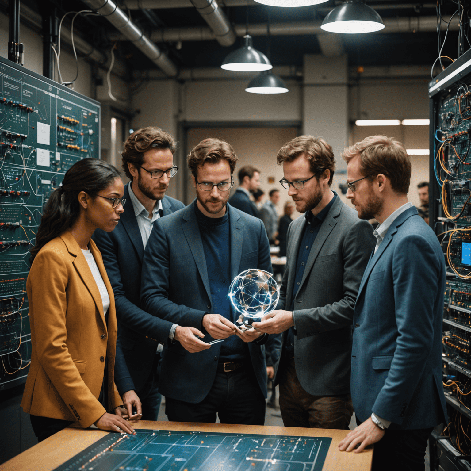 A team of diverse quantum computing experts collaborating on a complex quantum circuit diagram