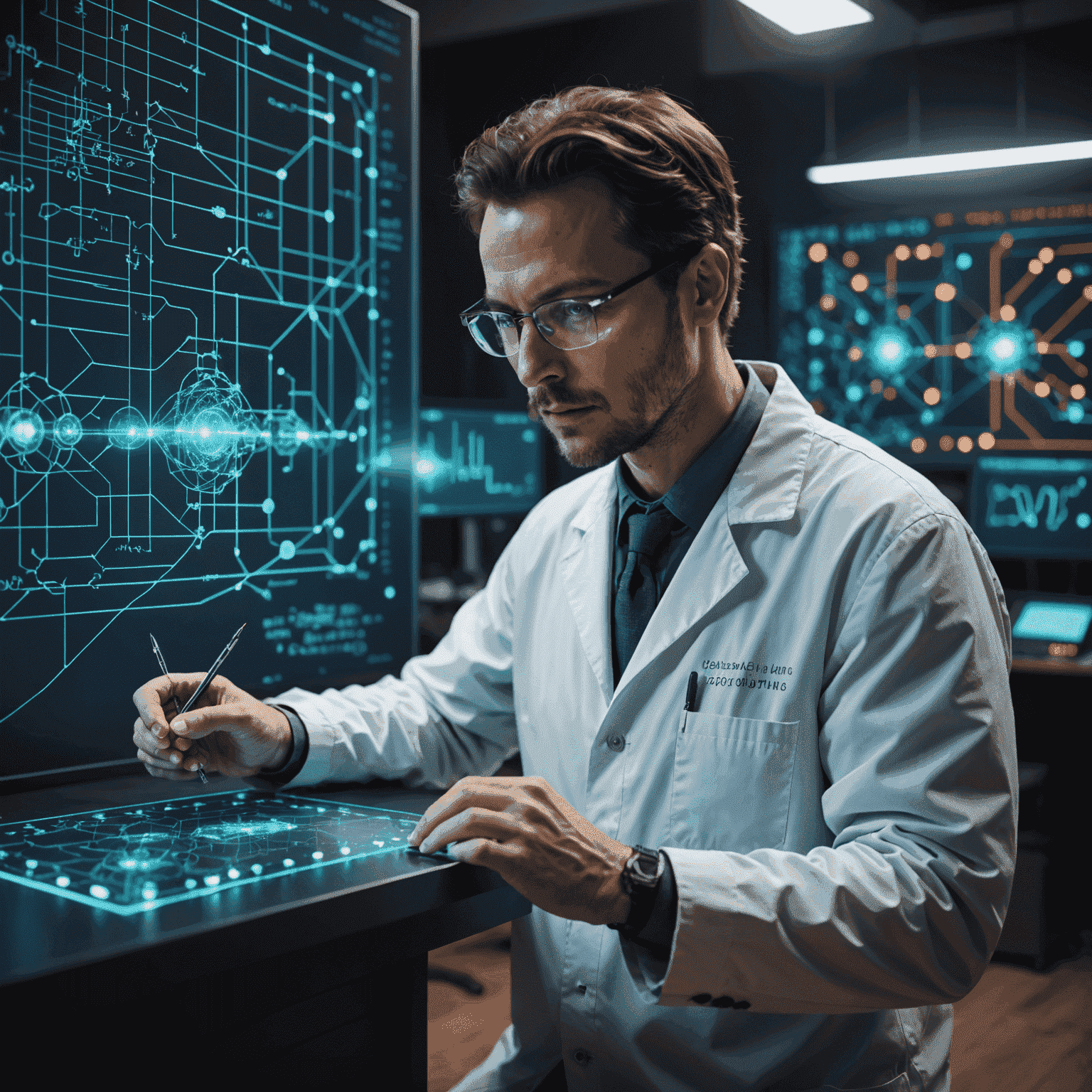 A scientist working on a holographic display showing quantum circuits and complex mathematical equations, symbolizing the advanced nature of quantum algorithm development