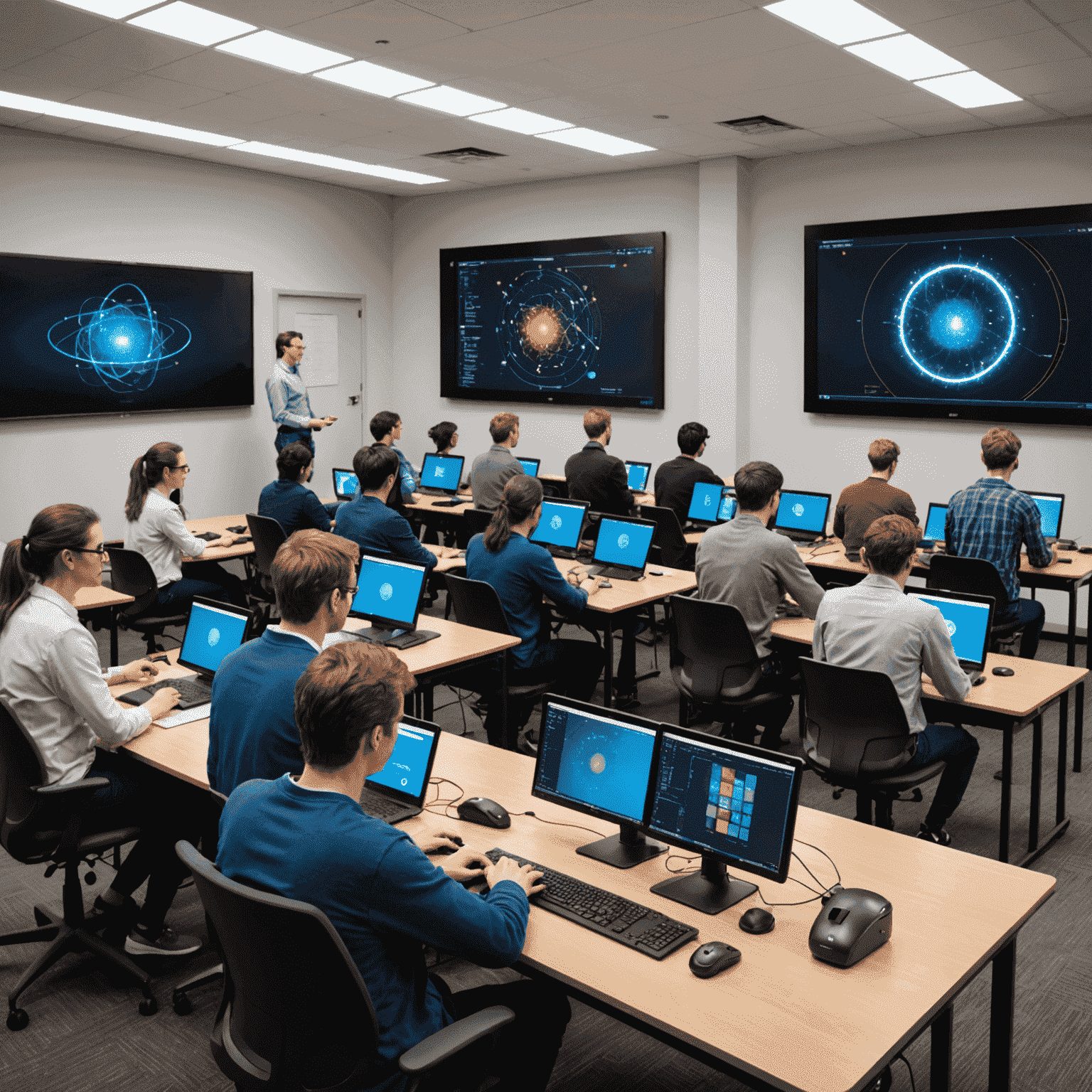 A modern classroom setting with students engaged in quantum software training, using advanced quantum simulators and visualization tools
