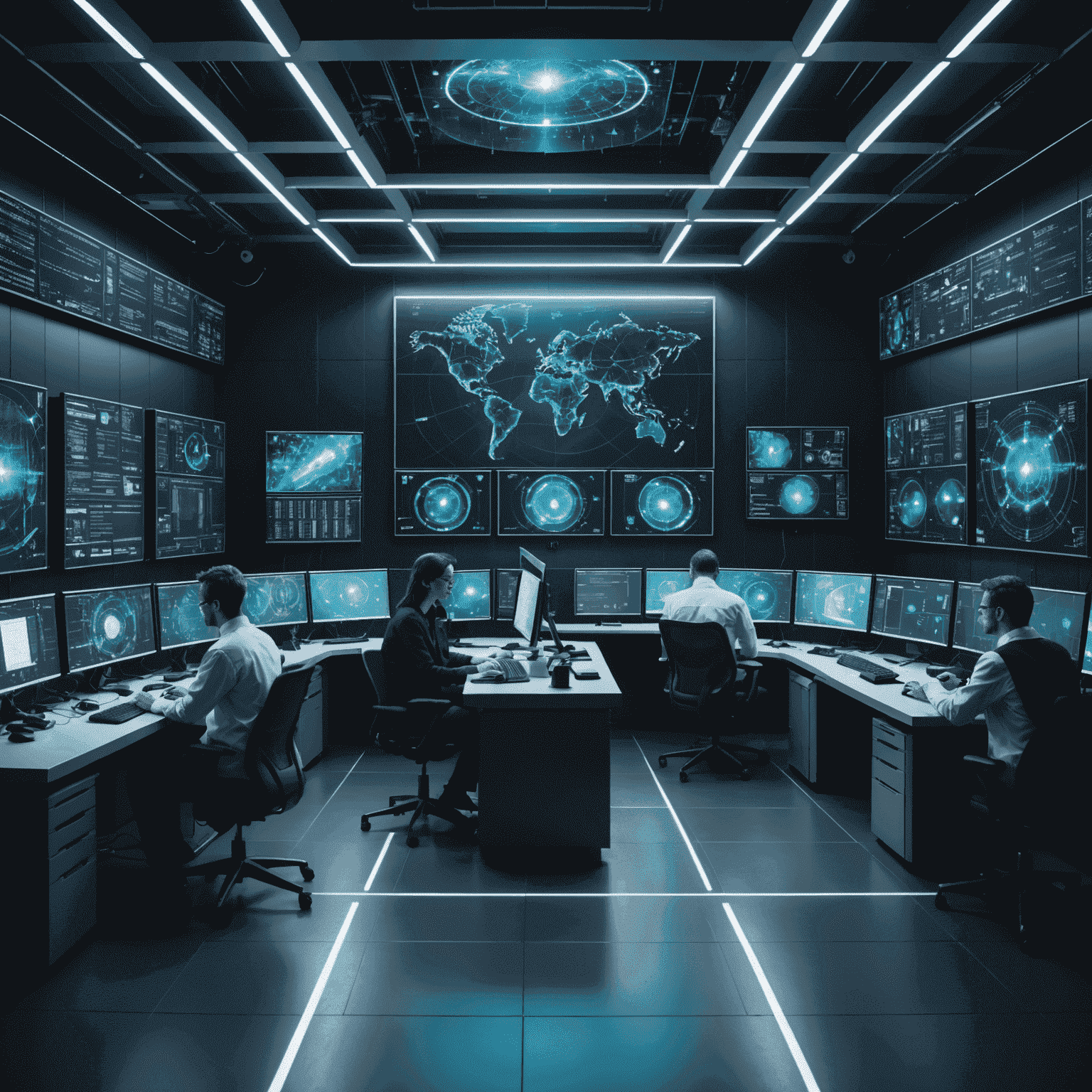 Futuristic quantum computer lab with scientists working on advanced security algorithms, surrounded by holographic displays showing complex quantum states