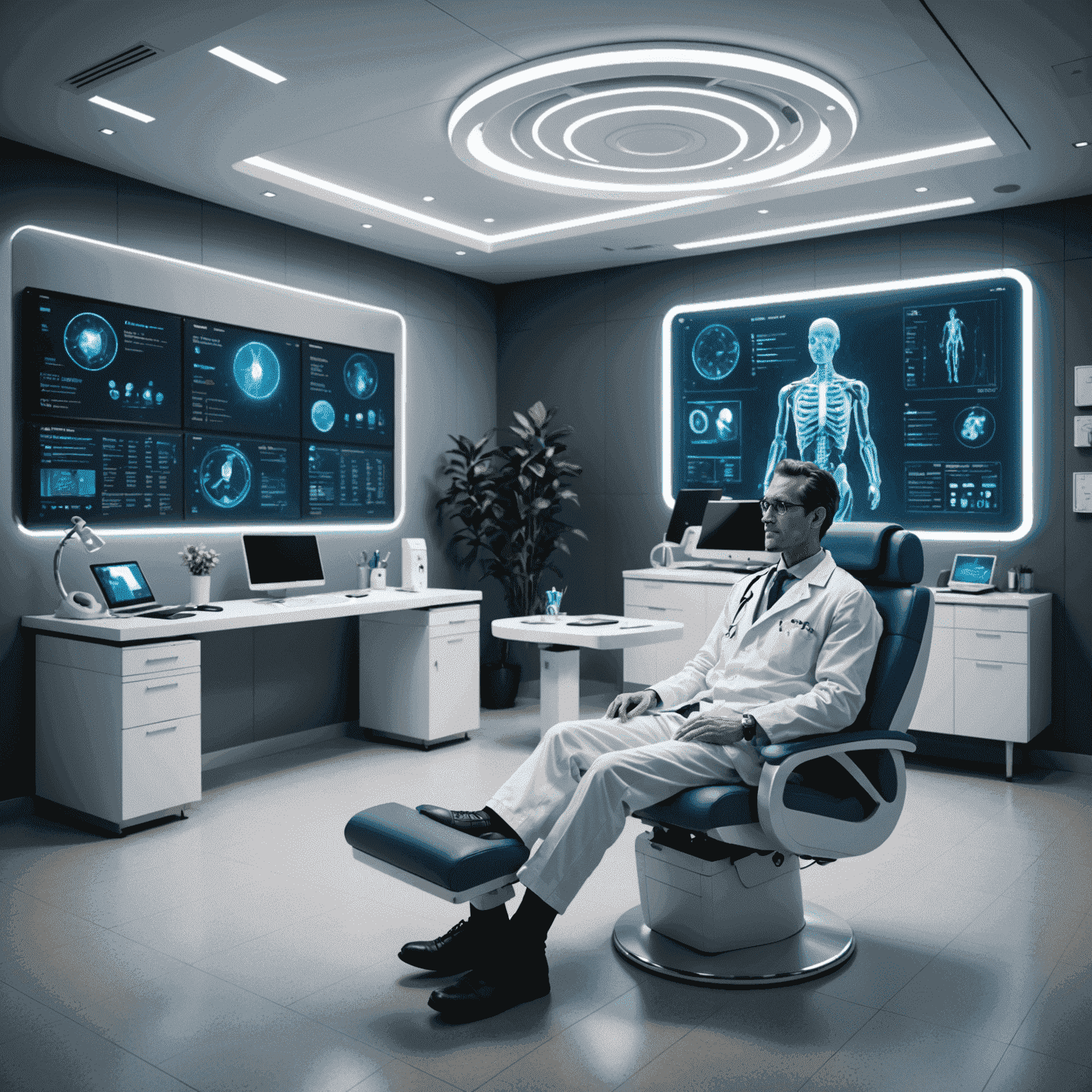 A futuristic doctor's office where a patient is receiving a personalized health plan generated by a qubetics system. The plan includes 3D visualizations of the patient's body systems and tailored lifestyle recommendations.
