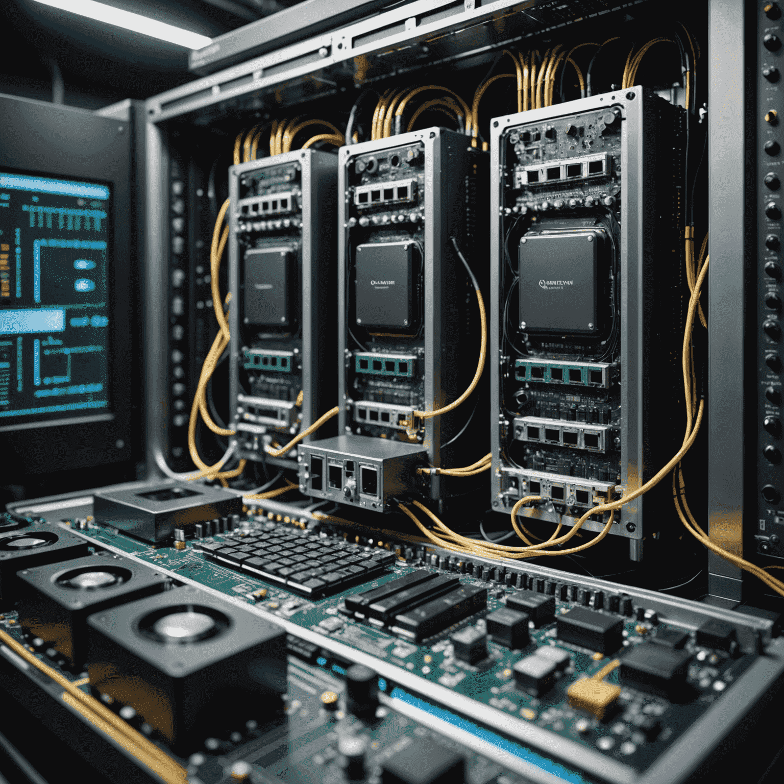 Image of quantum hardware being integrated with classical computers, showing the seamless connection between quantum and traditional computing systems