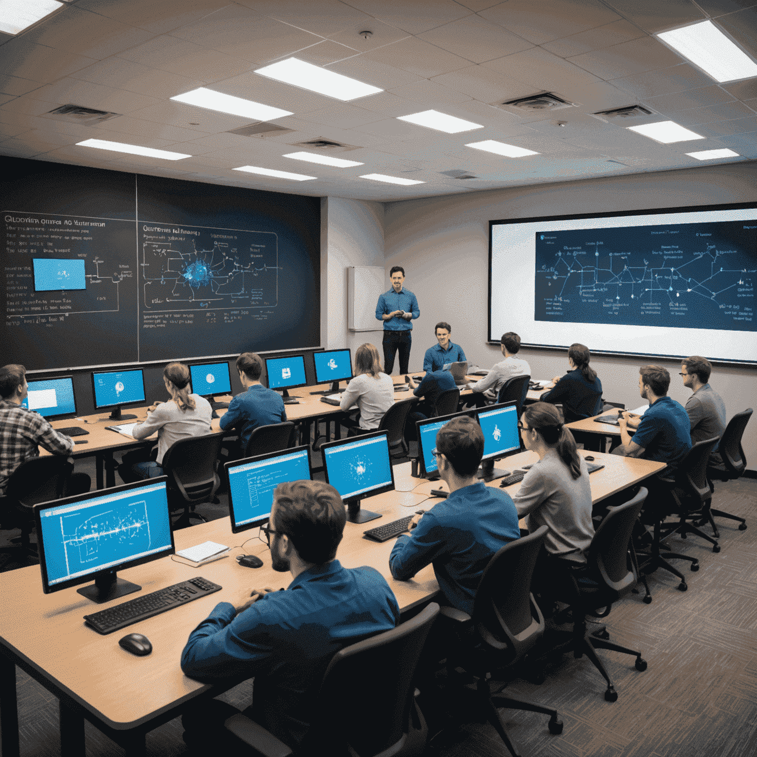A classroom or virtual learning environment with people engaged in quantum software development training, featuring code snippets and quantum circuit diagrams